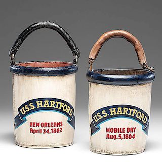 Pair of Fire Buckets From the USS Hartford Commemorating Farragut's Victory at New Orleans & Mobile Bay 