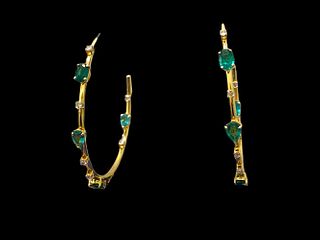 18K Yellow Gold Emerald & Diamond Hoop Earrings