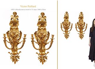 A Pair Of Large 19th C. French Figural Bronze Wall Sconces, Signed By Victor Paillard  