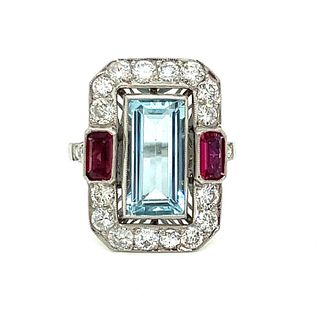 Platinum Aqua Diamond Ruby Ring