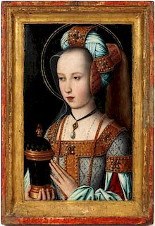 FLEMISH OLD MASTER OIL ON WOOD PANEL, C. 1550, H 10 1/4", W 6 1/2", "MARY OF BURGUNDY"