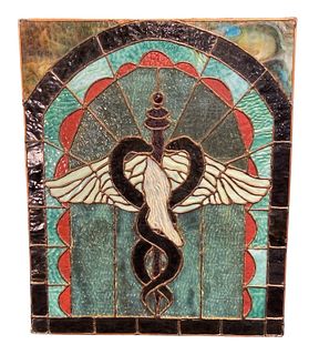 Vintage Caduceus / Physician's Symbol Stained Glass Window 