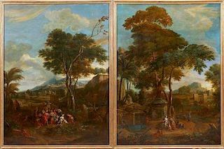 ATTRIBUTED TO P.D. HONDT, FLEMISH OILS ON CANVAS, 18TH C., PAIR, H 91", W 67", "RACHEL AT THE WELL" & "JOSEPH SOLD INTO SLAVE
