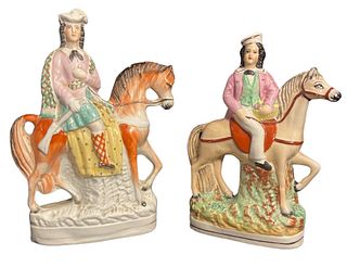 Two STAFFORDSHIRE Boy on Horse Figures 