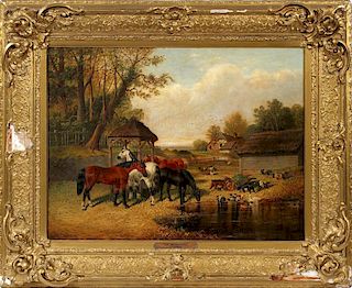 JOHN FREDERIC HERRING THE YOUNGER, OIL ON CANVAS, FARMYARD WITH HORSES AND ANIMALS, H 21", W 28"