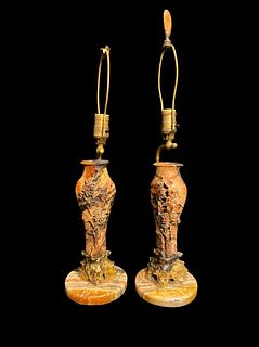 Pair Carved Chinese Soapstone Lamps 