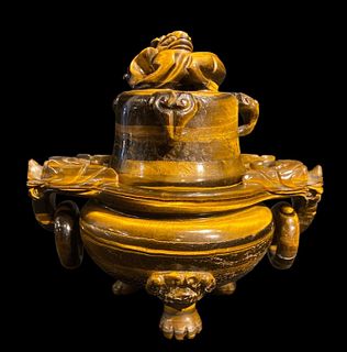 Chinese Tiger's Eye Incense Burner and Cover 
