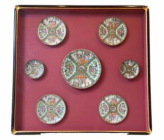 Impressive Chinese Rose Medallion Plate Collection in Shadow Box 