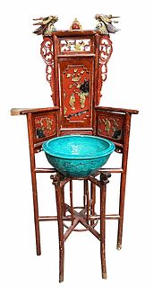 Late 19th Century Antique Chinese Wash Basin Stand W/Bowl