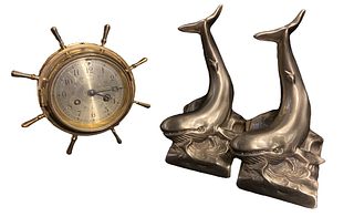 Vintage BROOKS BROTHERS Ship's Wheel Clock and Whale Bookends