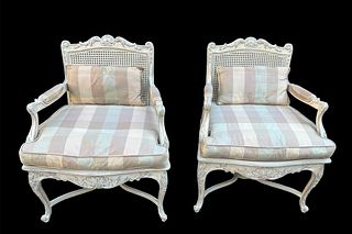 Pair Louis XVI Style Taffeta Plaid Chairs