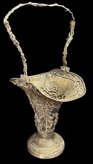Silver Plate Repousse Flower Basket 
