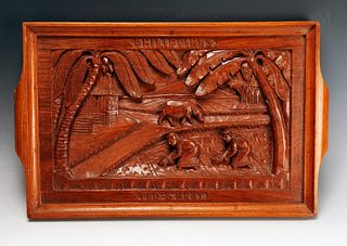 CARVED WOOD TRAY OF FARM SCENE PHILIPPINES 