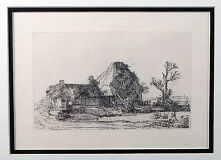 AFTER REMBRANDT COTTAGES AND BUILDINGS ETCHING