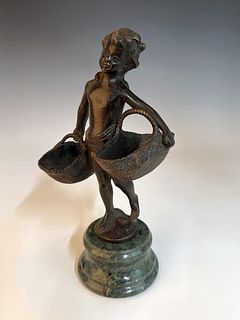 BRONZE BASKET CARRIER STATUE ON MARBLE STAND