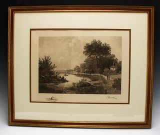 SIGNED ETCHING OF BUCOLIC LANDSCAPE & POND