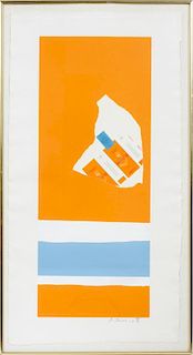 ROBERT MOTHERWELL, LITHOGRAPH, COLLAGE & POCHOIR /GEORGES DUCHENE HAWTHORNE PAPER, 1973, "HARVEST WITH TWO WHITE STRIPES"