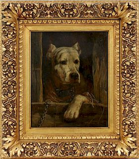 OIL ON  BEVELLED WOOD PANEL, C.1900, H 12", W 10", PORTRAIT OF A DOG