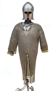MILANESE STYLE VICTORIAN BARBUTE HELMET WITH CHAINMAIL SHIRT, H 11.75", W 9", D 11" (HELMET) 