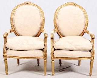 FRENCH STYLE LOUIS XVI GILT WOOD CHAIRS PAIR