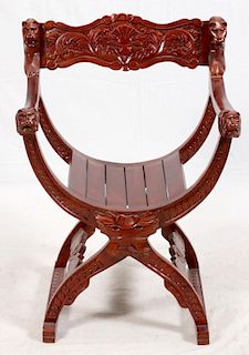 CARVED MAHOGANY & LION'S HEAD ARM CHAIR