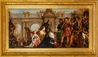 AFTER PAOLO VERONESE, (ITALIAN 1528–1588) OIL ON CANVAS, H 26.5", W 53.5", "THE FAMILY OF DARIUS AT THE FEET OF ALEXANDER" 