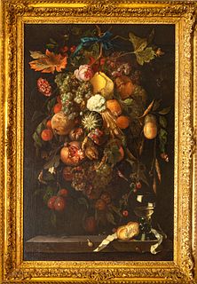 ATTRIBUTED TO MICHIEL SIMON (DUTCH, 1620–1673) OIL ON CANVAS, H 46" W 30" A CLUSTER OF FRUIT AND FLOWERS 