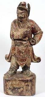 CHINESE CARVED WOOD POLYCHROME WARRIOR FIGURE