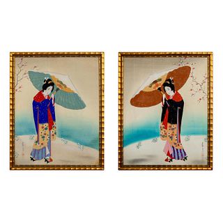 2pc Vintage Japanese Artist Signed Paintings on Silk Geisha