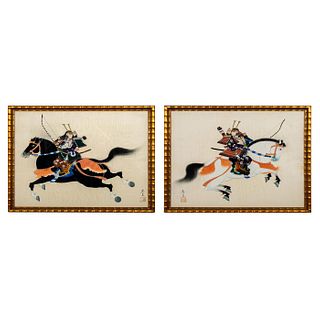 2pc Vintage Japanese Artist Signed Paintings on Silk Samurai