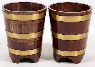 WOOD AND BRASS TINDER BUCKETS PAIR