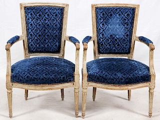 LOUIS XVI STYLE BLUE UPHOLSTERED OPEN ARM CHAIRS