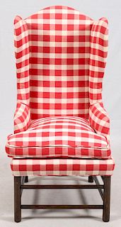 RED CHECKERBOARD STYLE UPHOLSTERED WING CHAIR