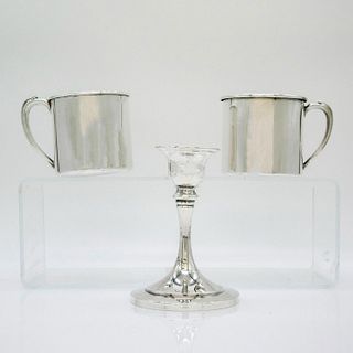 Vintage Oneida Silver Candlestick + Pair of Mugs