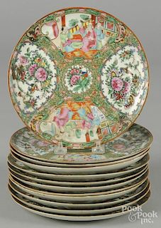 Twelve Chinese export porcelain rose medallion plates, 19th c., 8 1/2'' dia.