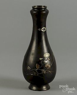 Japanese mixed metal on bronze bottle vase, 9 1/2'' h.