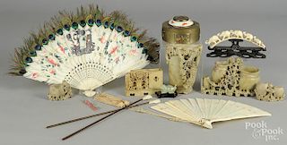 Chinese and Japanese decorative accessories, to include ivory fans, cloisonné, soapstone carvings