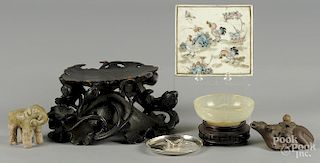Chinese tablewares, to include a porcelain rooster tile, a jade bowl, etc.