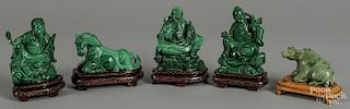 Four Chinese carved malachite animal figures, together with a carved jadeite water buffalo.