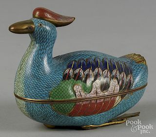 Chinese cloisonné duck form box, early 20th c., 5 3/4'' h.