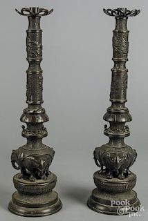 Pair of large Japanese bronze candlesticks, 22'' h.