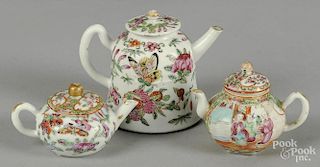 Three Chinese export porcelain famille rose small teapots, 19th c., tallest - 4''.