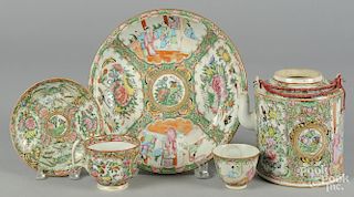 Five pieces of Chinese export Rose Medallion porcelain, 19th c., to include a teapot, 5 7/8'' h.