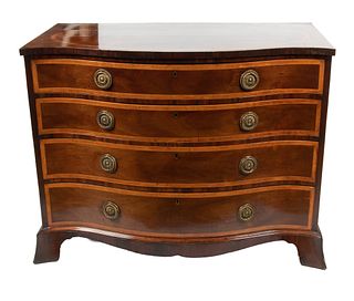 A. Stair & Co. NY Sheraton Mahogany And Satinwood Chest Of Four Drawers C. 1775, H 34'' W 43.2'' Depth 24''