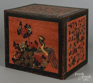 Oriental painted slide lid box, 19th c., 14'' h., 16 1/2'' w., 12 1/2'' d.