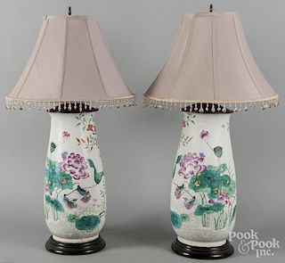 Pair of Chinese famille rose porcelain table lamps, 19th c., 17 1/4'' h.