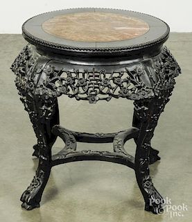 Chinese carved hardwood marble top stand, ca. 1900, 19 1/4'' h., 18'' w.