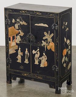 Chinese black lacquer and hardstone mounted chest, ca. 1900, 30'' h., 22 1/2'' w.