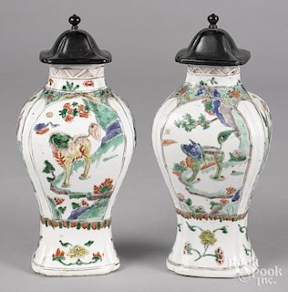 Pair of Chinese Qing dynasty famille verte porcelain urns, 8 3/8'' h.