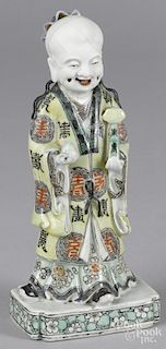 Chinese famille verte biscuit porcelain standing figure, 8 3/4'' h.